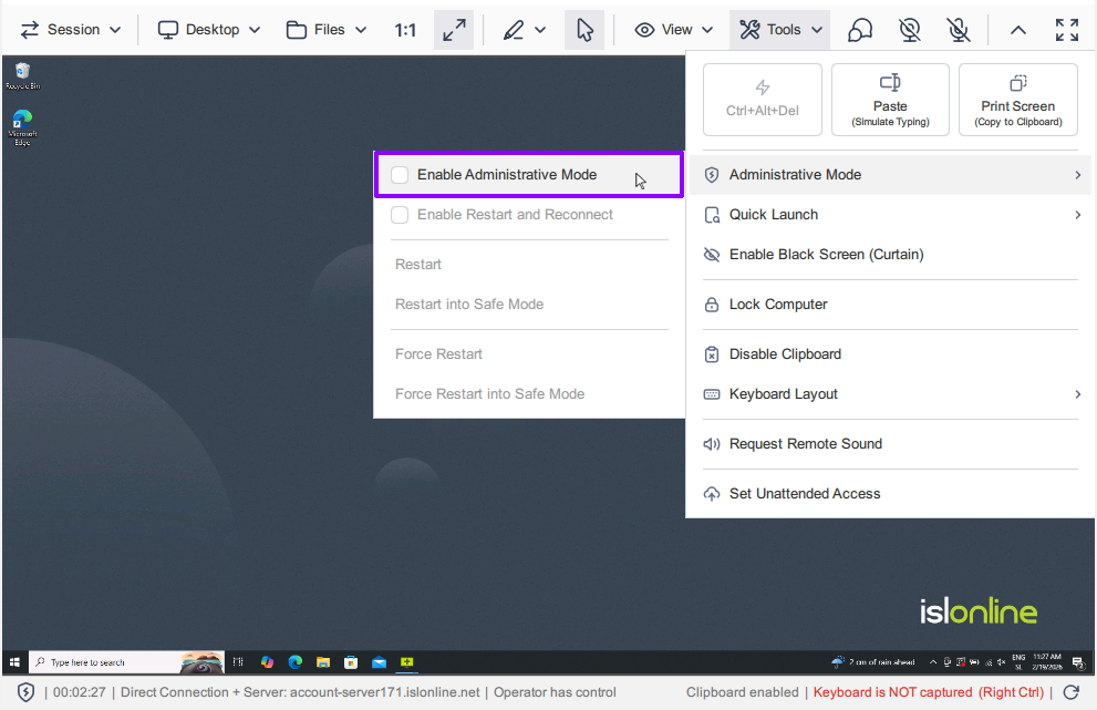 Menu Ferramentas > Modo Admin